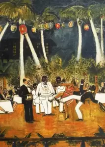 A painting of the "Cake Walk" in the tea garden at the Royal Poinciana