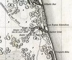 Detail from a map of the area around the Jupiter Inlet with Fort Jupiter, and the two Battles of Loxahatchee.